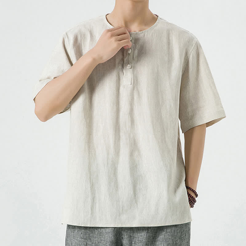 Buddha Stones Summer Casual Minimalist Side Slit Solid Crew Neck Linen Men's Short Sleeve Shirts - image 3