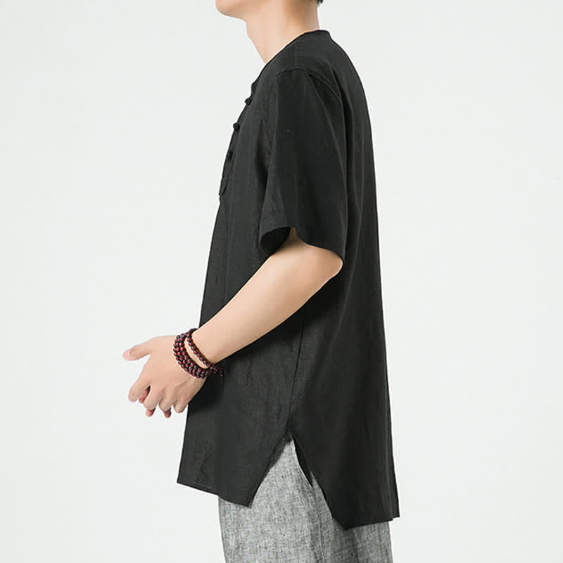 Buddha Stones Summer Casual Minimalist Side Slit Solid Crew Neck Linen Men's Short Sleeve Shirts - image 14
