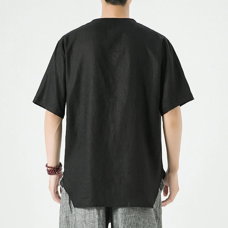 Buddha Stones Summer Casual Minimalist Side Slit Solid Crew Neck Linen Men's Short Sleeve Shirts - image 15