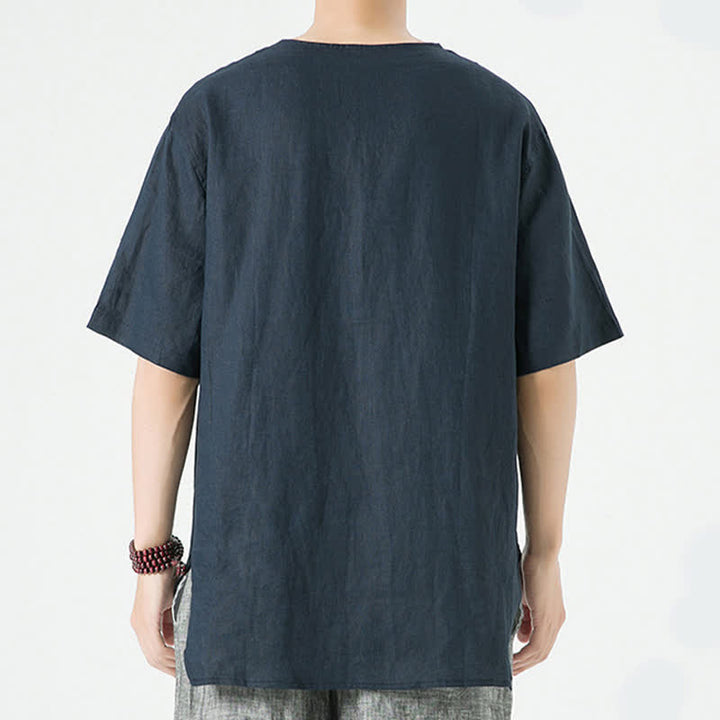 Buddha Stones Summer Casual Minimalist Side Slit Solid Crew Neck Linen Men's Short Sleeve Shirts - image 21