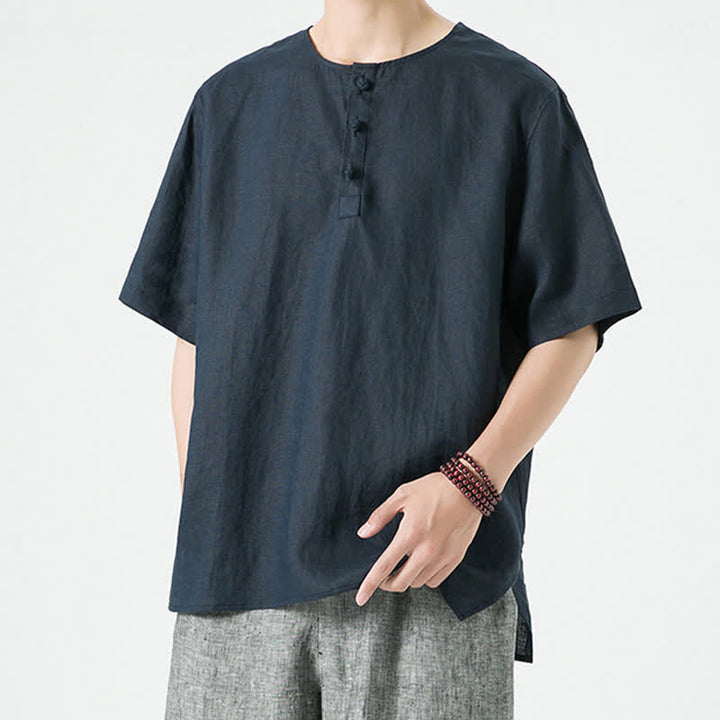Buddha Stones Summer Casual Minimalist Side Slit Solid Crew Neck Linen Men's Short Sleeve Shirts - image 19