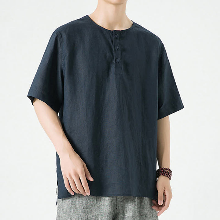 Buddha Stones Summer Casual Minimalist Side Slit Solid Crew Neck Linen Men's Short Sleeve Shirts - image 18