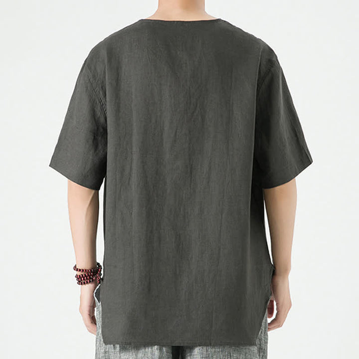 Buddha Stones Summer Casual Minimalist Side Slit Solid Crew Neck Linen Men's Short Sleeve Shirts - image 28