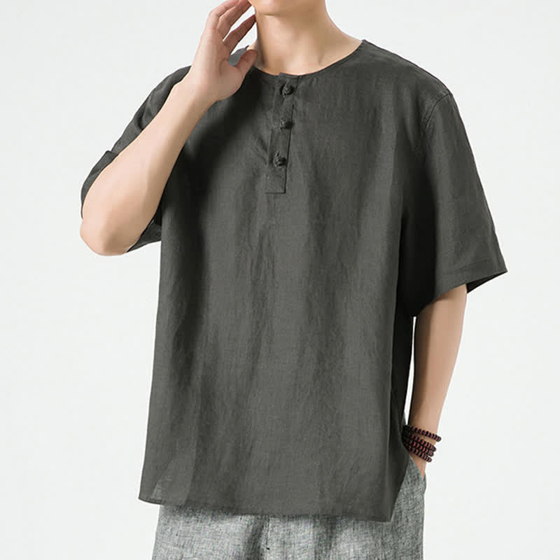 Buddha Stones Summer Casual Minimalist Side Slit Solid Crew Neck Linen Men's Short Sleeve Shirts - image 31