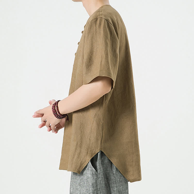 Buddha Stones Summer Casual Minimalist Side Slit Solid Crew Neck Linen Men's Short Sleeve Shirts - image 35
