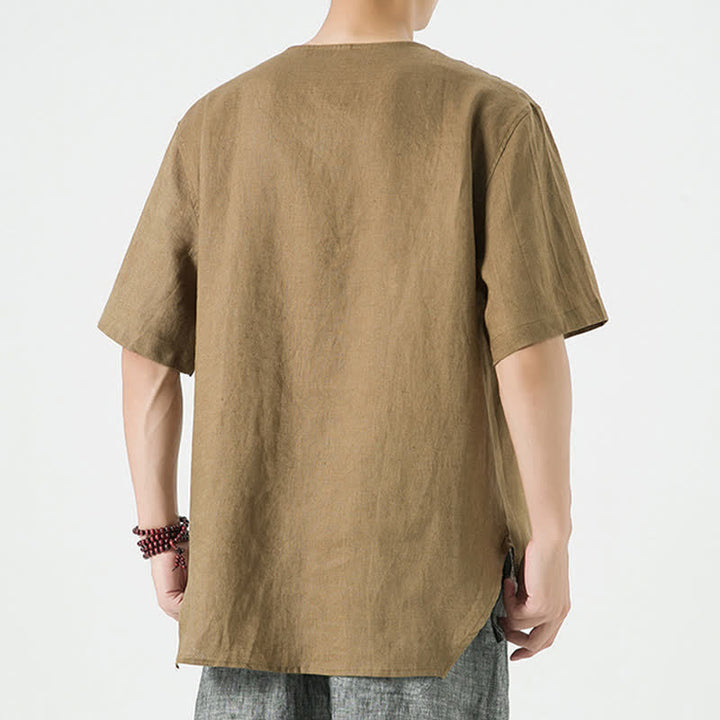 Buddha Stones Summer Casual Minimalist Side Slit Solid Crew Neck Linen Men's Short Sleeve Shirts - image 36