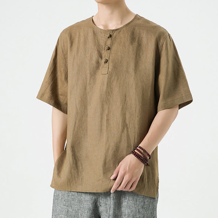 Buddha Stones Summer Casual Minimalist Side Slit Solid Crew Neck Linen Men's Short Sleeve Shirts - image 38