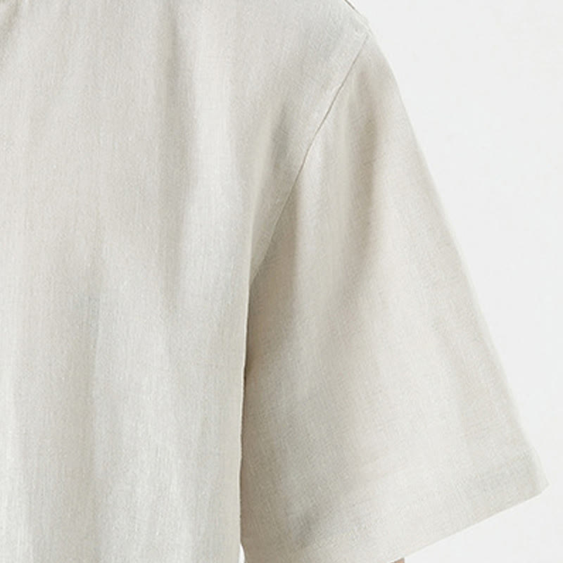 Buddha Stones Summer Casual Minimalist Side Slit Solid Crew Neck Linen Men's Short Sleeve Shirts - image 9