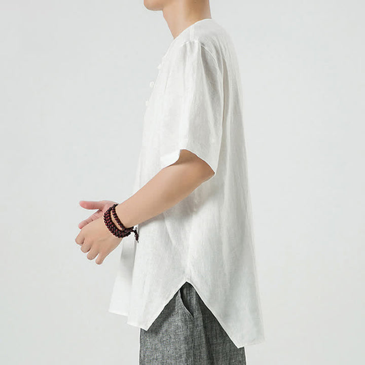 Buddha Stones Summer Casual Minimalist Side Slit Solid Crew Neck Linen Men's Short Sleeve Shirts - image 45