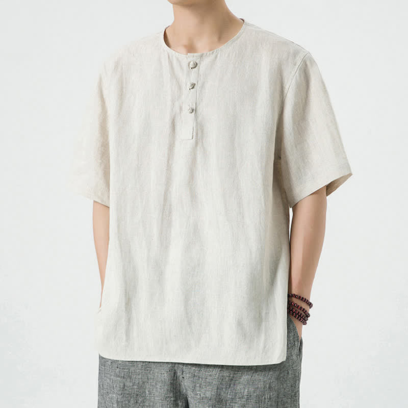 Buddha Stones Summer Casual Minimalist Side Slit Solid Crew Neck Linen Men's Short Sleeve Shirts - image 7