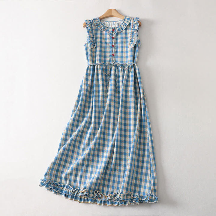 Buddha Stones Summer Button-Up Drawstring Gingham Women's Summer Sleeveless Dress With Pockets - LightSkyBlue - US12，UK/AU16，EU44 (2XL) - image 0