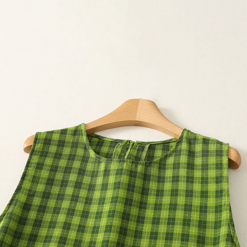 Buddha Stones Summer Casual Green Plaid Pattern Ruffles Cotton Tank Top Women's Sleeveless Shirts - image 2