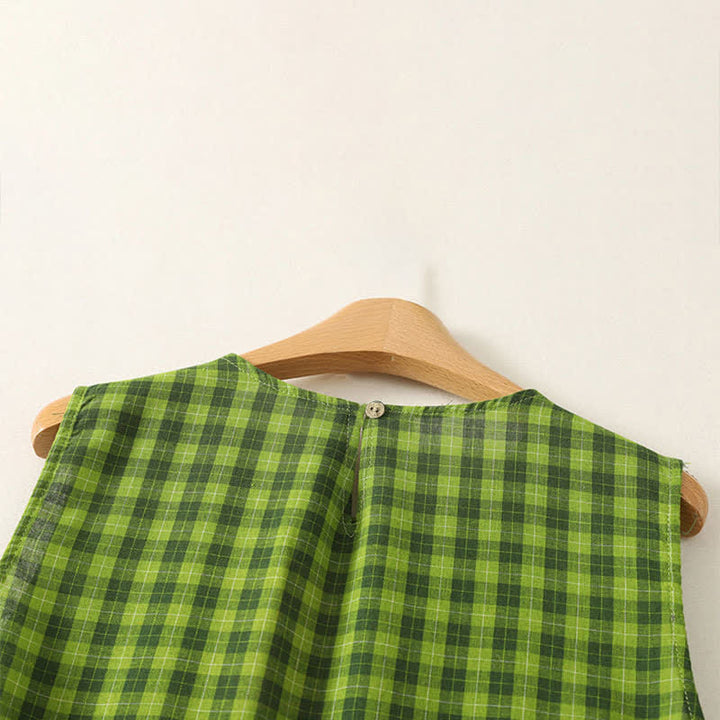 Buddha Stones Summer Casual Green Plaid Pattern Ruffles Cotton Tank Top Women's Sleeveless Shirts - image 3
