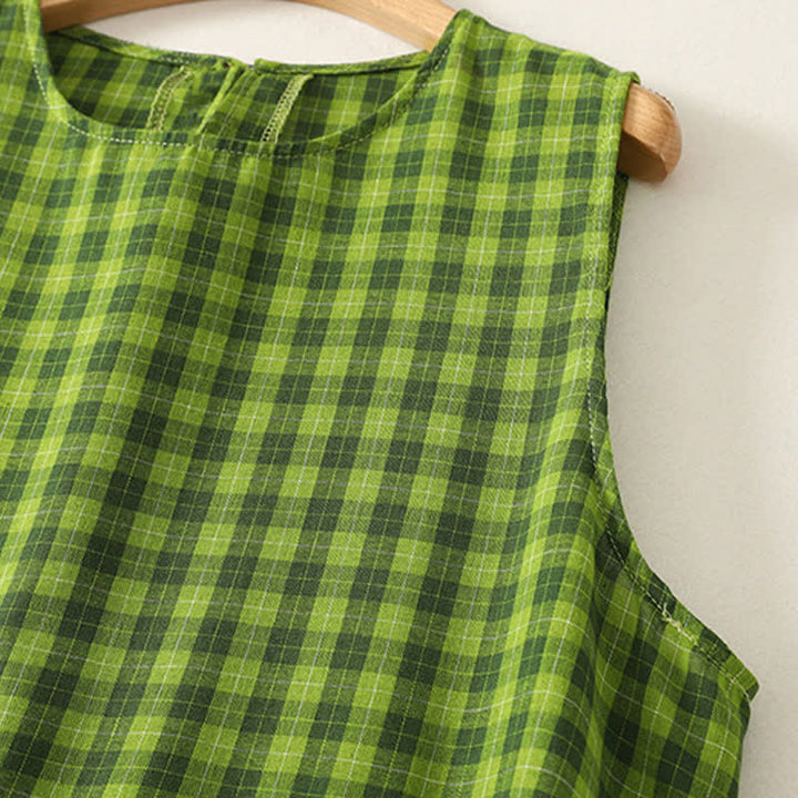 Buddha Stones Summer Casual Green Plaid Pattern Ruffles Cotton Tank Top Women's Sleeveless Shirts - image 4