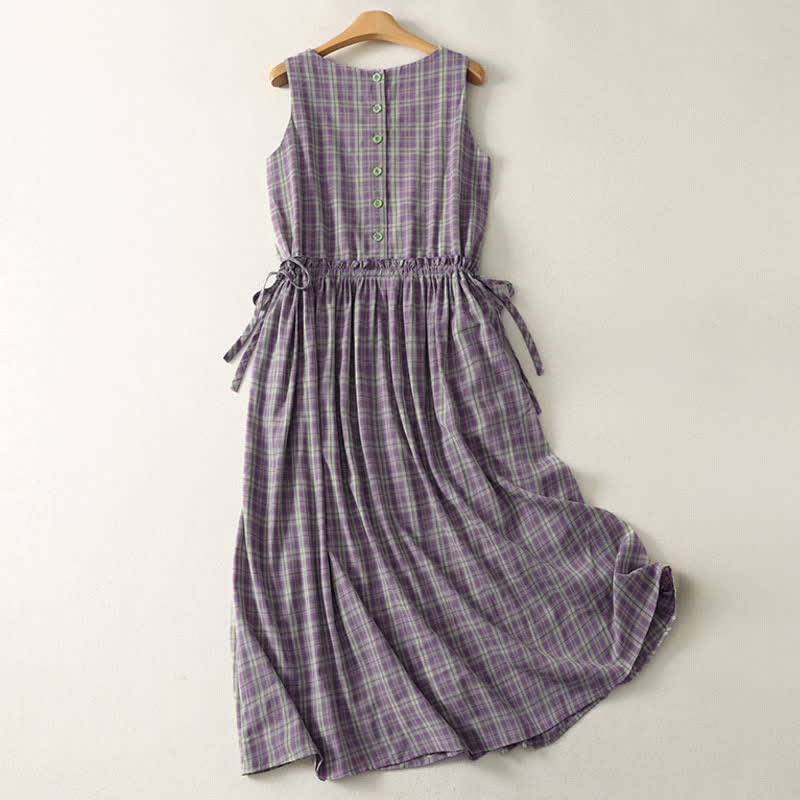 Buddha Stones Summer Vintage Drawstring Waist Button-Up Plaid Cotton Women's Sleeveless Dress With Pockets - image 1