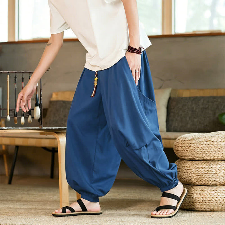 Buddha Stones Summer Casual Vintage Drawstring Solid Ankle Length Pants Men's Harem Pants With Pockets - SteelBlue - US/UK/AU46，EU56 (5XL) - image 13