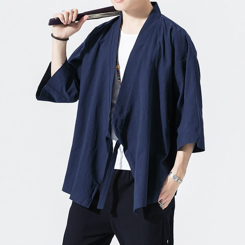 Buddha Stones Summer Casual Minimalist Drawstring Solid Elbow-Length Sleeve Men's Kimono - image 17