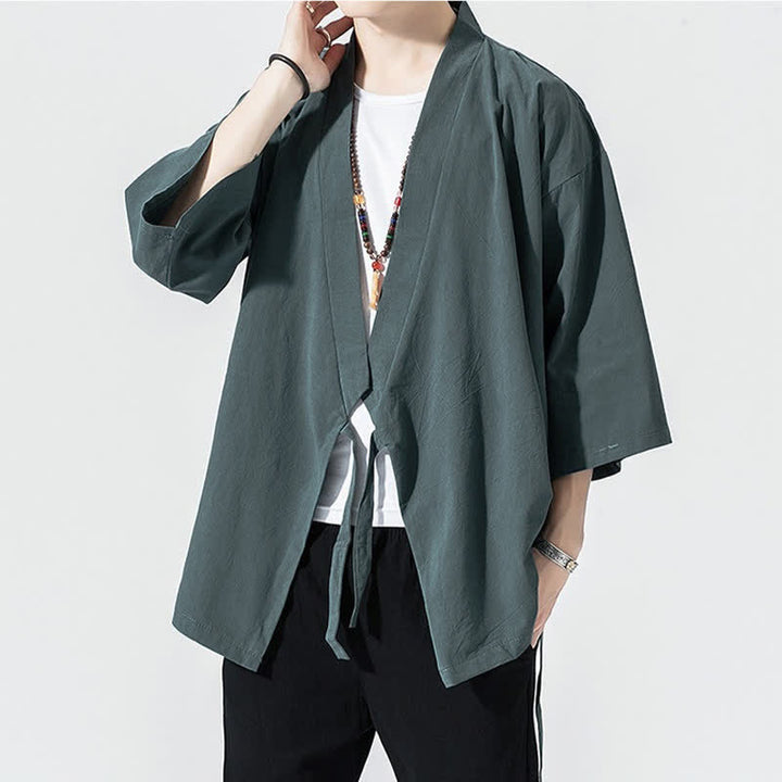 Buddha Stones Summer Casual Minimalist Drawstring Solid Elbow-Length Sleeve Men's Kimono - image 2