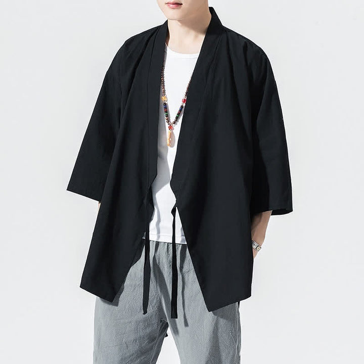 Buddha Stones Summer Casual Minimalist Drawstring Solid Elbow-Length Sleeve Men's Kimono - Black - US/UK/AU46, EU56 (5XL) - image 5