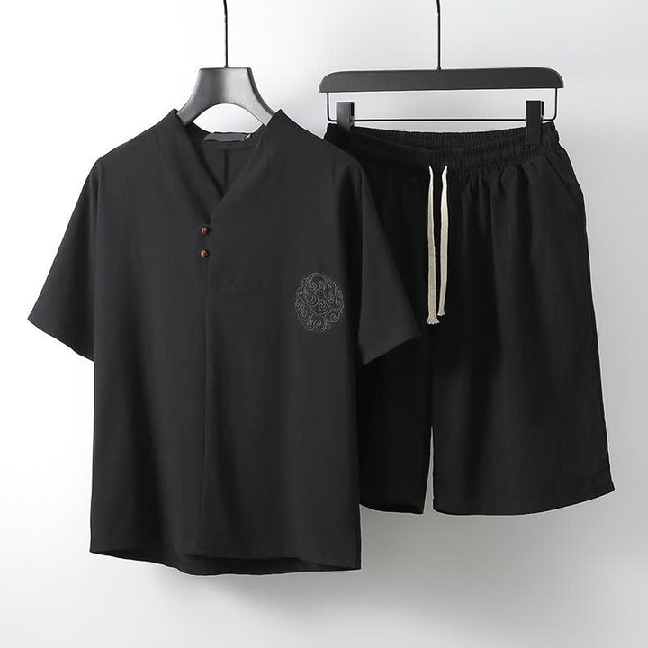 Buddha Stones 2Pcs Summer Tang Style Casual Embroidery Solid Cotton Linen Short Sleeve Shirt Shorts Men's Meditation Cloth With Pocket - Black - US/UK/AU54, EU64 (9XL) - image 3