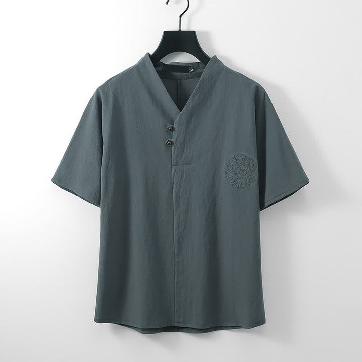 Buddha Stones 2Pcs Summer Tang Style Casual Embroidery Solid Cotton Linen Short Sleeve Shirt Shorts Men's Meditation Cloth With Pocket - image 1
