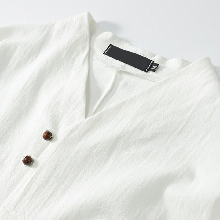 Buddha Stones 2Pcs Summer Tang Style Casual Embroidery Solid Cotton Linen Short Sleeve Shirt Shorts Men's Meditation Cloth With Pocket - image 17