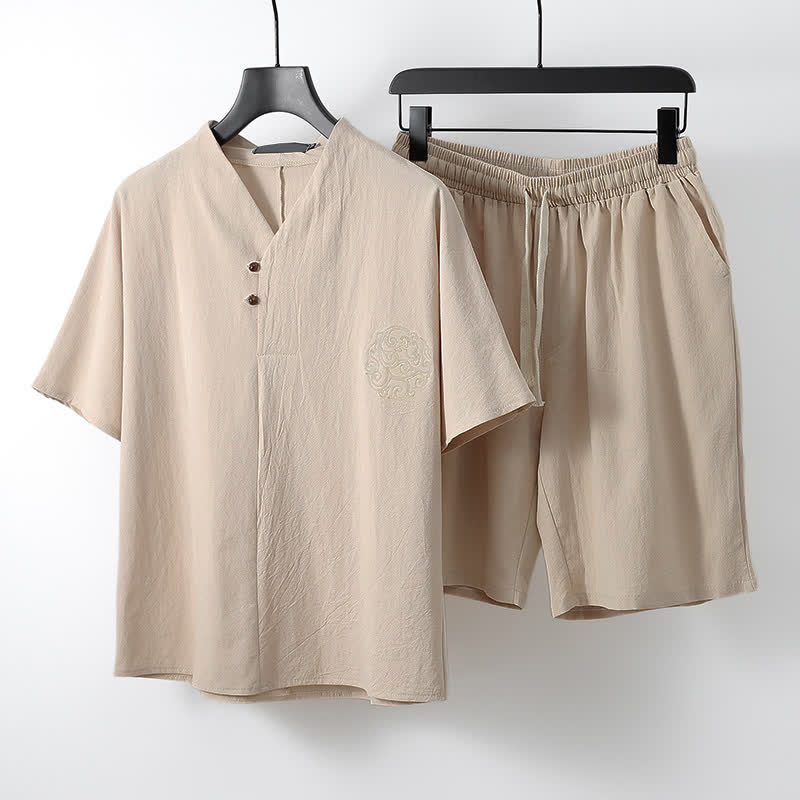 Buddha Stones 2Pcs Summer Tang Style Casual Embroidery Solid Cotton Linen Short Sleeve Shirt Shorts Men's Meditation Cloth With Pocket - Beige - US/UK/AU54, EU64 (9XL) - image 9
