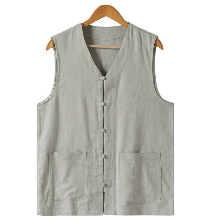 Buddha Stones Summer Tang Style Casual Frog Button Solid V-Neck Tank Top Men's Sleeveless Shirts With Pockets - LightGray - US/UK/AU46, EU56 (5XL) - image 2