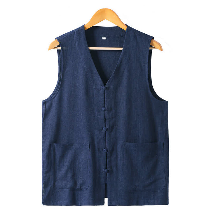 Buddha Stones Summer Tang Style Casual Frog Button Solid V-Neck Tank Top Men's Sleeveless Shirts With Pockets - Navy - US/UK/AU46, EU56 (5XL) - image 0