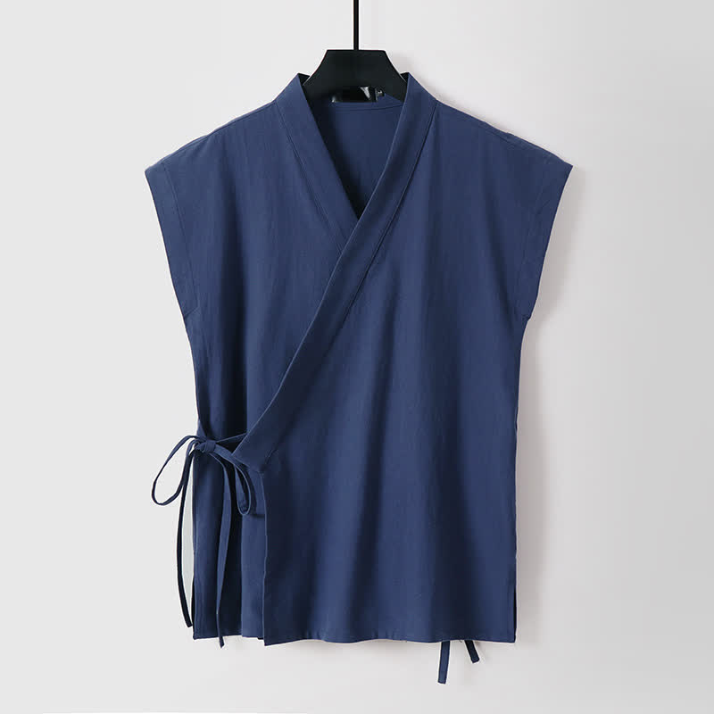 Buddha Stones 2Pcs Summer Meditation Tang Style Drawstring Solid Cotton Linen Short Sleeve Shirt Shorts Men's Meditation Cloth With Pockets - image 1