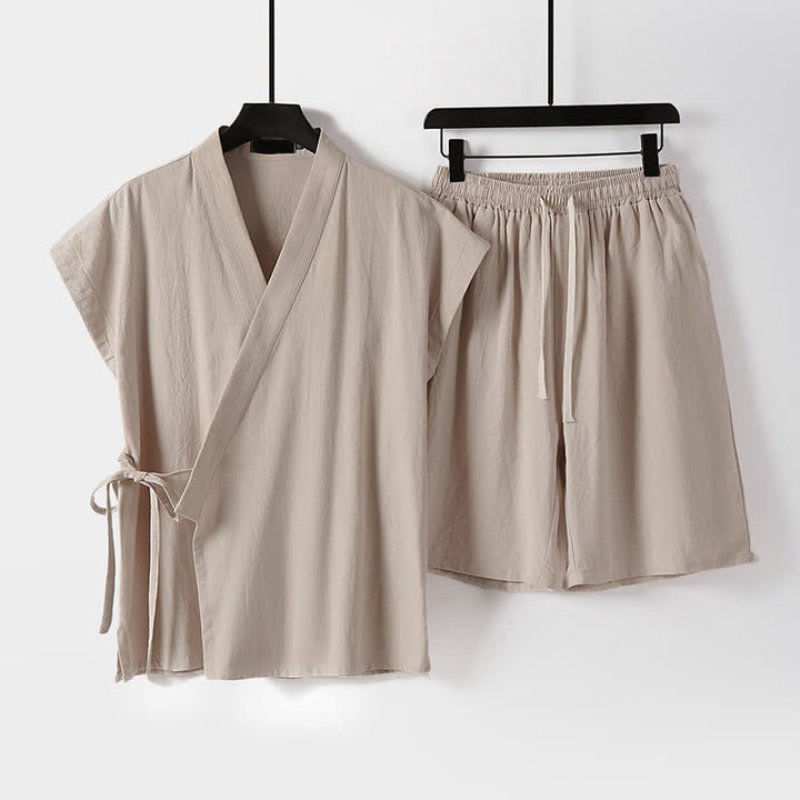 Buddha Stones 2Pcs Summer Meditation Tang Style Drawstring Solid Cotton Linen Short Sleeve Shirt Shorts Men's Meditation Cloth With Pockets - Bisque - US/UK/AU54, EU64 (9XL) - image 9