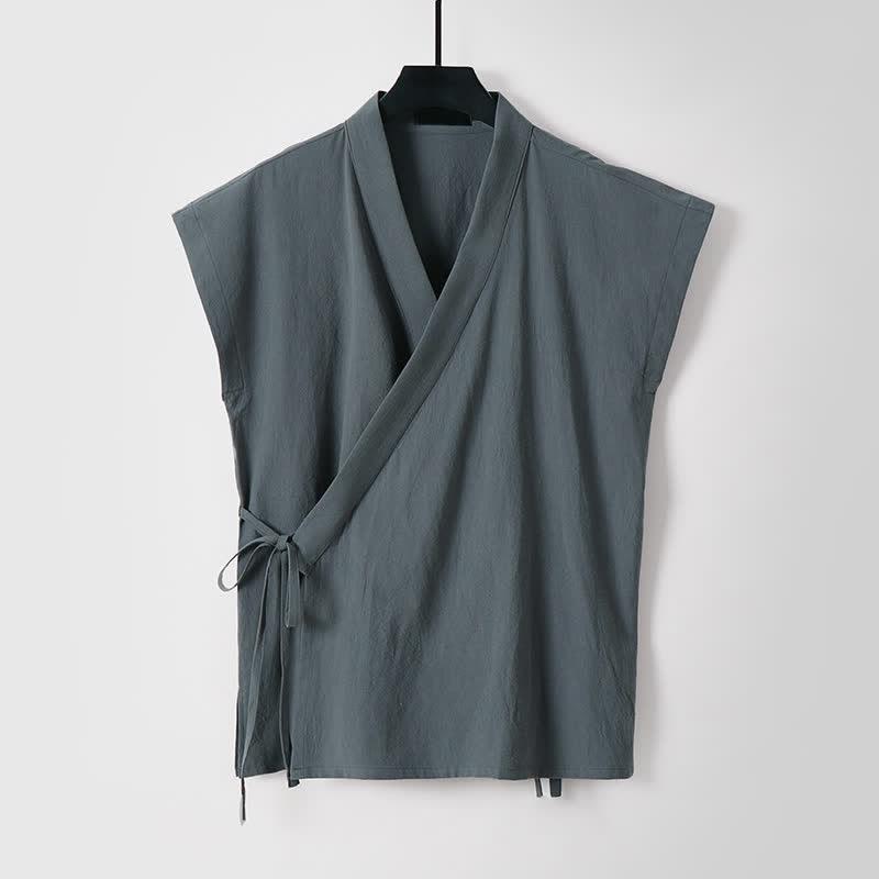 Buddha Stones 2Pcs Summer Meditation Tang Style Drawstring Solid Cotton Linen Short Sleeve Shirt Shorts Men's Meditation Cloth With Pockets - image 7