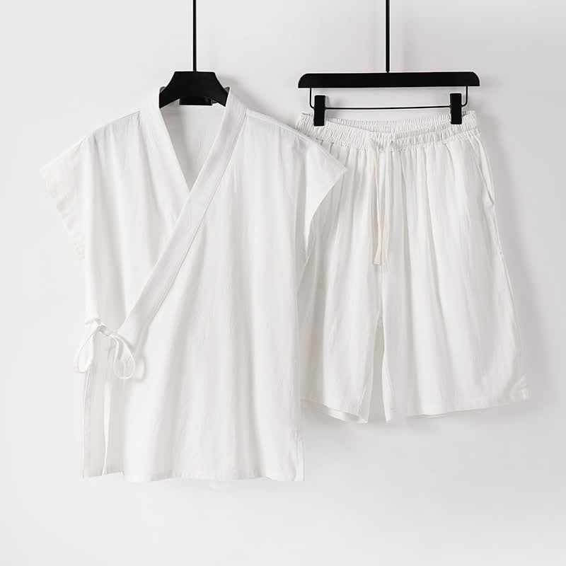 Buddha Stones 2Pcs Summer Meditation Tang Style Drawstring Solid Cotton Linen Short Sleeve Shirt Shorts Men's Meditation Cloth With Pockets - White - US/UK/AU54, EU64 (9XL) - image 13