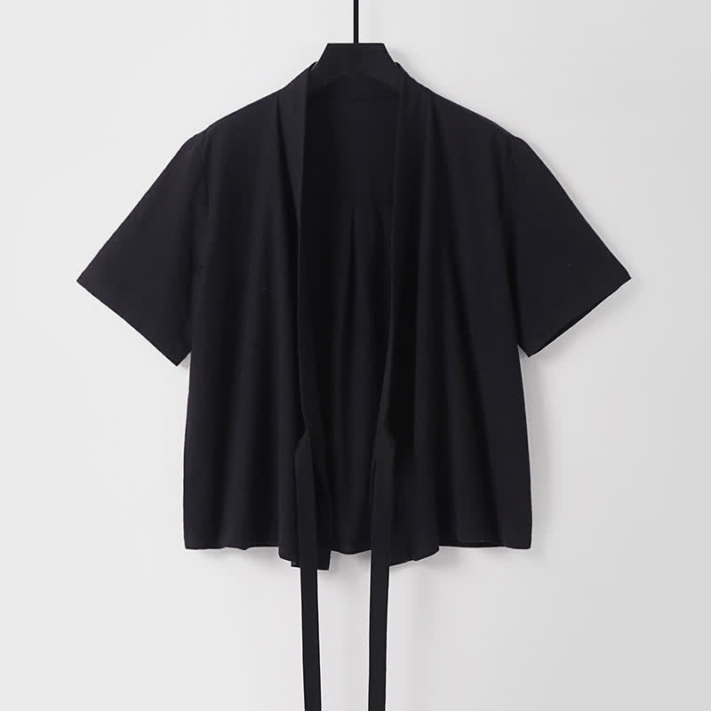Buddha Stones Summer Casual Minimalist Short Sleeve Solid Lace-up Open Front Cotton Linen Men's Kimono - Black - US/UK/AU54, EU64 (9XL) - image 3