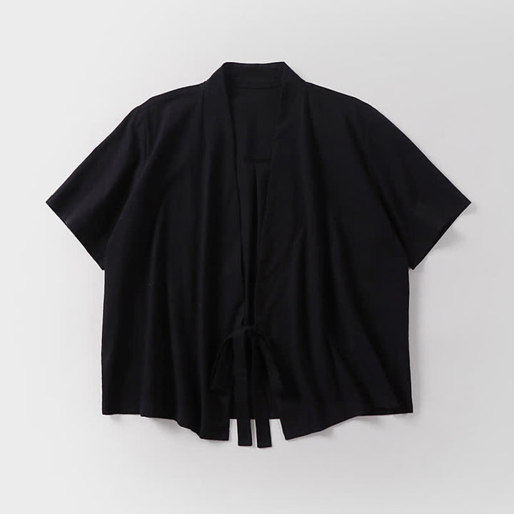 Buddha Stones Summer Casual Minimalist Short Sleeve Solid Lace-up Open Front Cotton Linen Men's Kimono - image 4