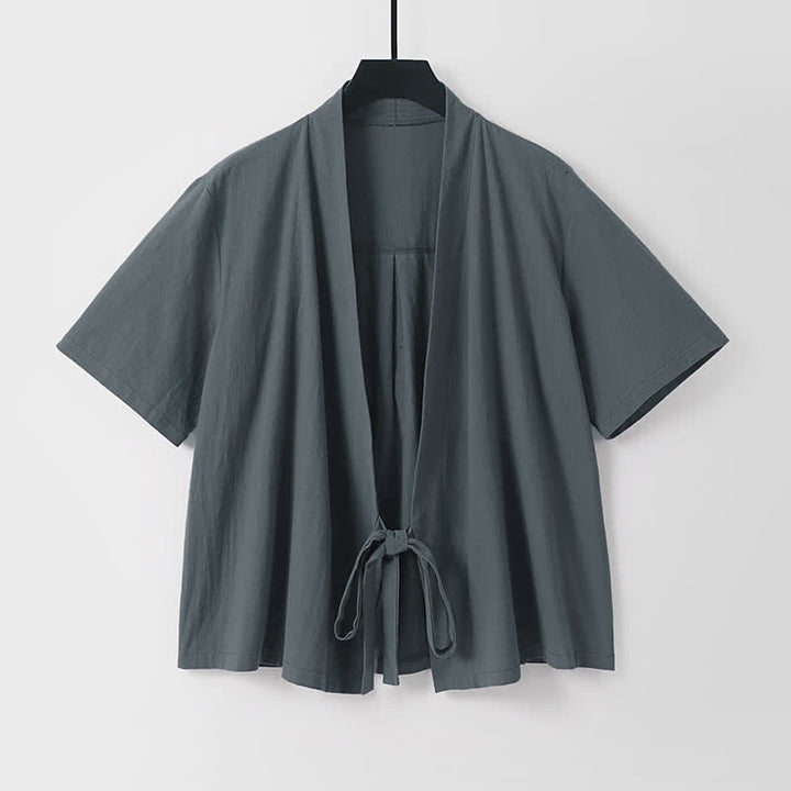 Buddha Stones Summer Casual Minimalist Short Sleeve Solid Lace-up Open Front Cotton Linen Men's Kimono - image 1