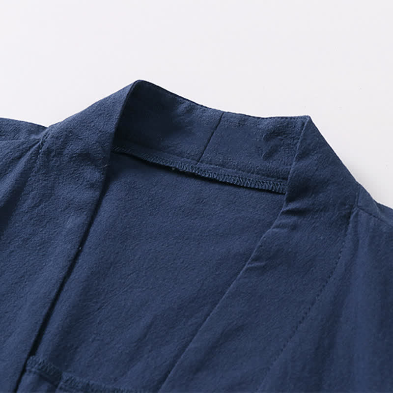 Buddha Stones Summer Casual Minimalist Short Sleeve Solid Lace-up Open Front Cotton Linen Men's Kimono - image 10