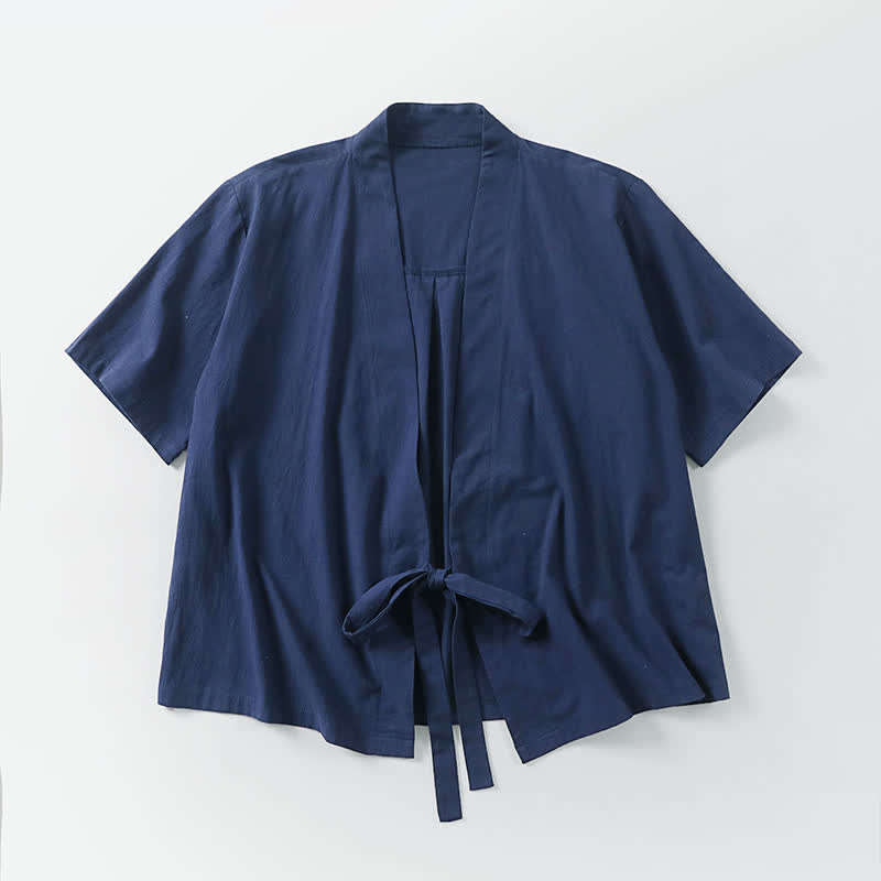Buddha Stones Summer Casual Minimalist Short Sleeve Solid Lace-up Open Front Cotton Linen Men's Kimono - image 7