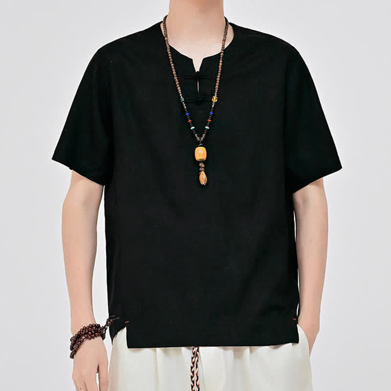 Buddha Stones Summer Tang Style Minimalist Two Frog Button Crew Neck Solid Men's Short Sleeve Shirts - Black - US/UK/AU46, EU56 (5XL) - image 7