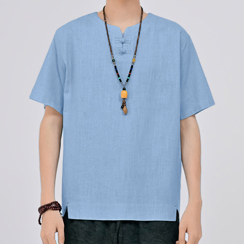 Buddha Stones Summer Tang Style Minimalist Two Frog Button Crew Neck Solid Men's Short Sleeve Shirts - image 17