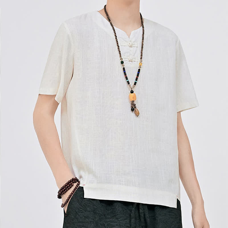 Buddha Stones Summer Tang Style Minimalist Two Frog Button Crew Neck Solid Men's Short Sleeve Shirts - image 6