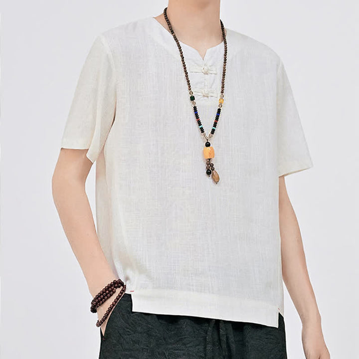 Buddha Stones Summer Tang Style Minimalist Two Frog Button Crew Neck Solid Men's Short Sleeve Shirts - image 6