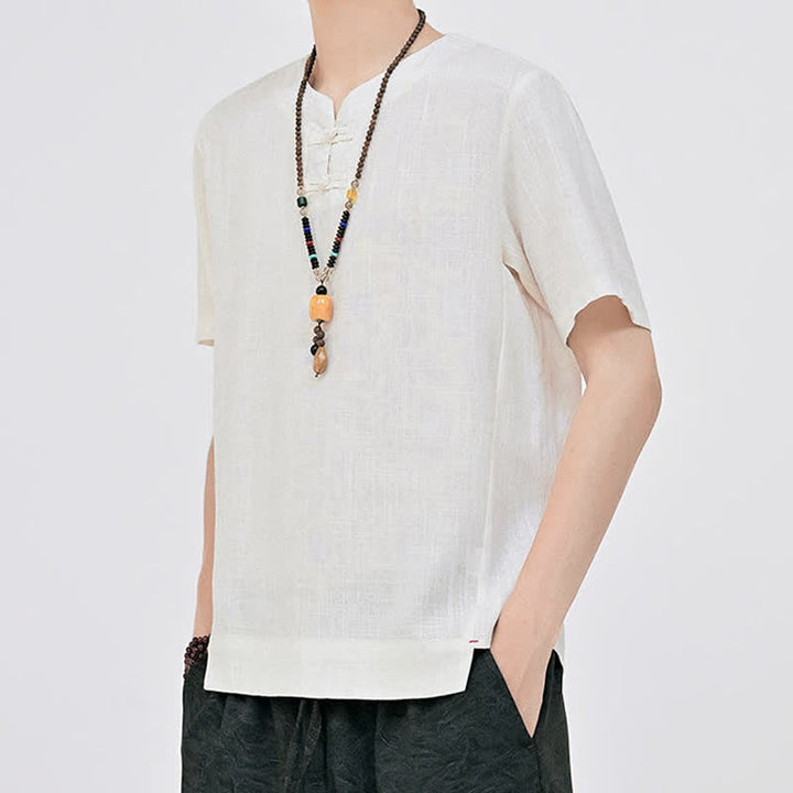 Buddha Stones Summer Tang Style Minimalist Two Frog Button Crew Neck Solid Men's Short Sleeve Shirts - image 2