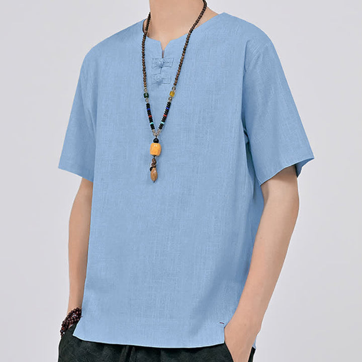 Buddha Stones Summer Tang Style Minimalist Two Frog Button Crew Neck Solid Men's Short Sleeve Shirts - image 18