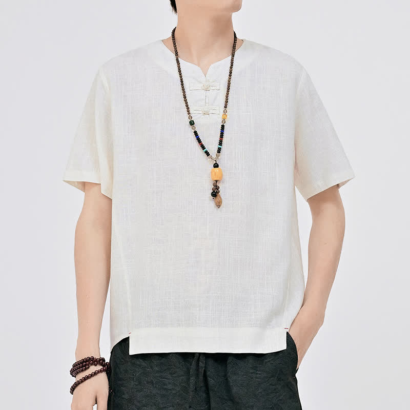 Buddha Stones Summer Tang Style Minimalist Two Frog Button Crew Neck Solid Men's Short Sleeve Shirts - White - US/UK/AU46, EU56 (5XL) - image 0