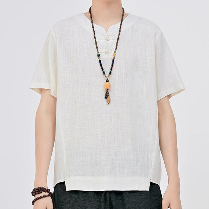 Buddha Stones Summer Tang Style Minimalist Two Frog Button Crew Neck Solid Men's Short Sleeve Shirts - image 4