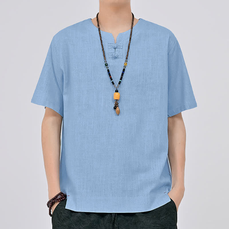 Buddha Stones Summer Tang Style Minimalist Two Frog Button Crew Neck Solid Men's Short Sleeve Shirts - image 19