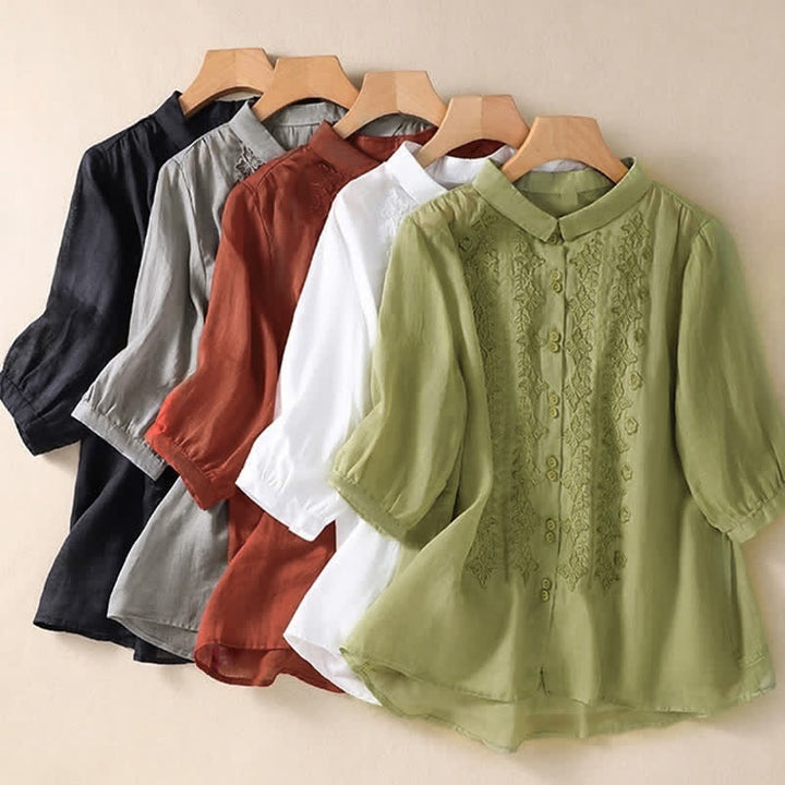Buddha Stones Summer Plain Button Embroidery Flower Pattern Three Quarter Sleeve Lapel Women's Shirt - image 32