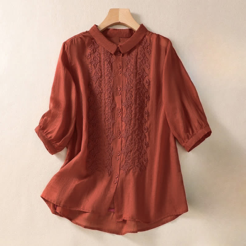 Buddha Stones Summer Plain Button Embroidery Flower Pattern Three Quarter Sleeve Lapel Women's Shirt - Red - US12，UK/AU16，EU44 (2XL) - image 19