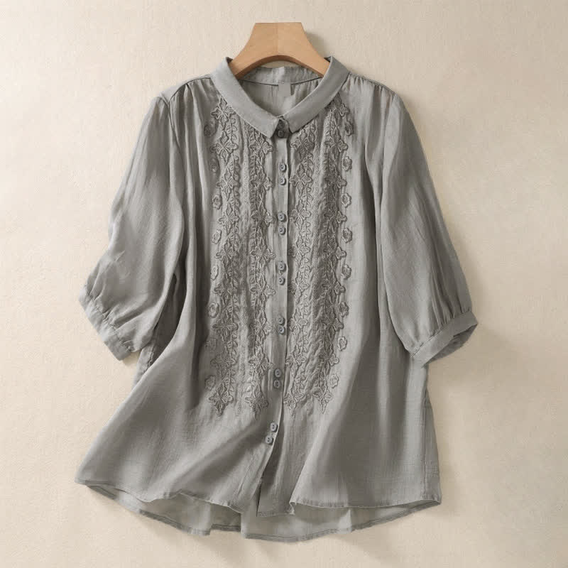 Buddha Stones Summer Plain Button Embroidery Flower Pattern Three Quarter Sleeve Lapel Women's Shirt - DarkGray - US12，UK/AU16，EU44 (2XL) - image 13